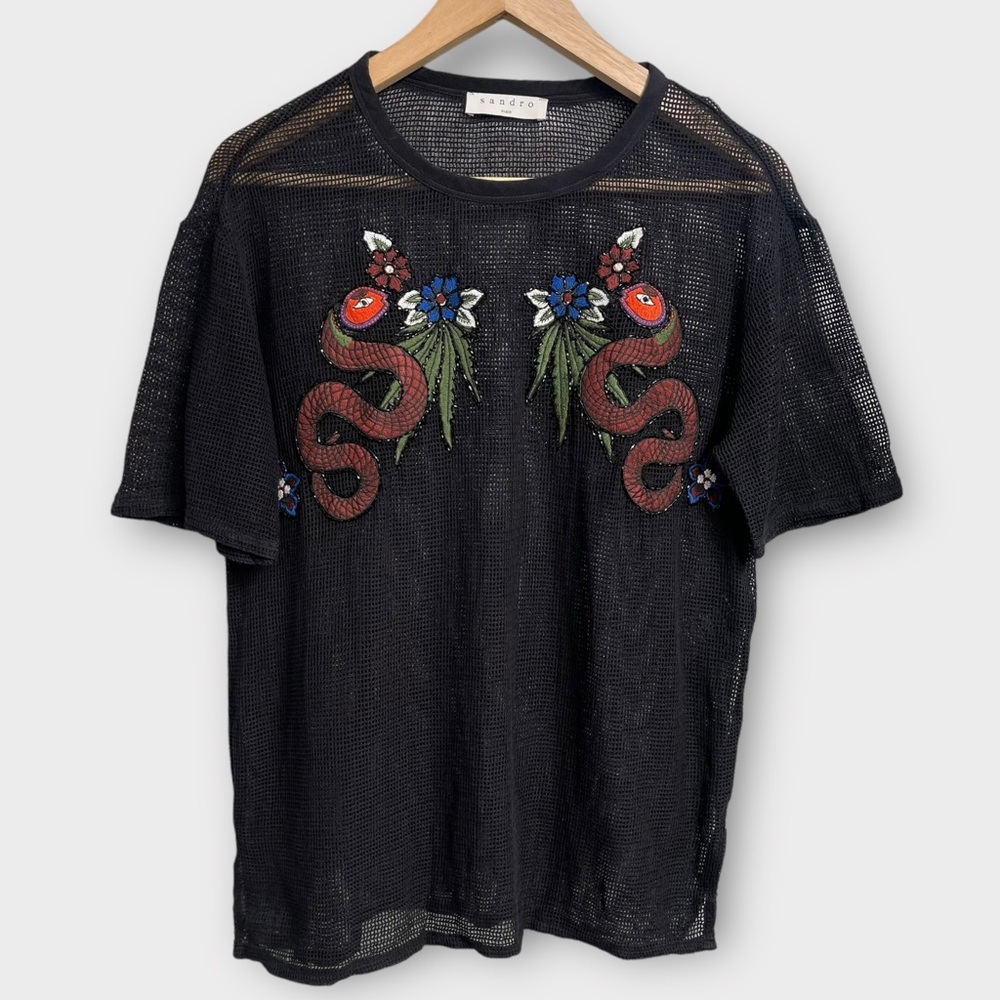 Sandro Paris Black Embroidered Mesh Top